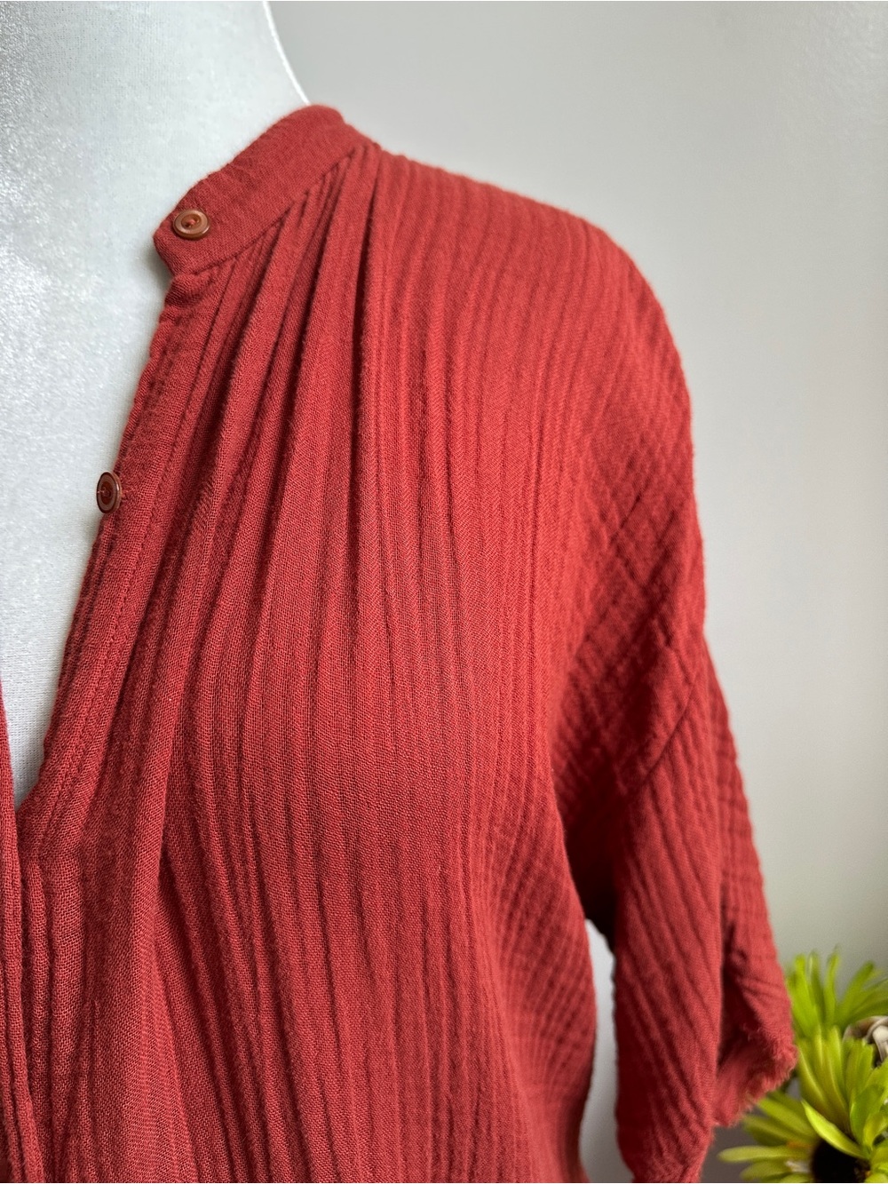 Eileen Fisher Brick Red Crinkle Button-Front Dress - Picture 2 of 11